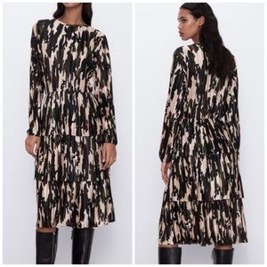ZARA Camo Print Pleated Tiered Dress